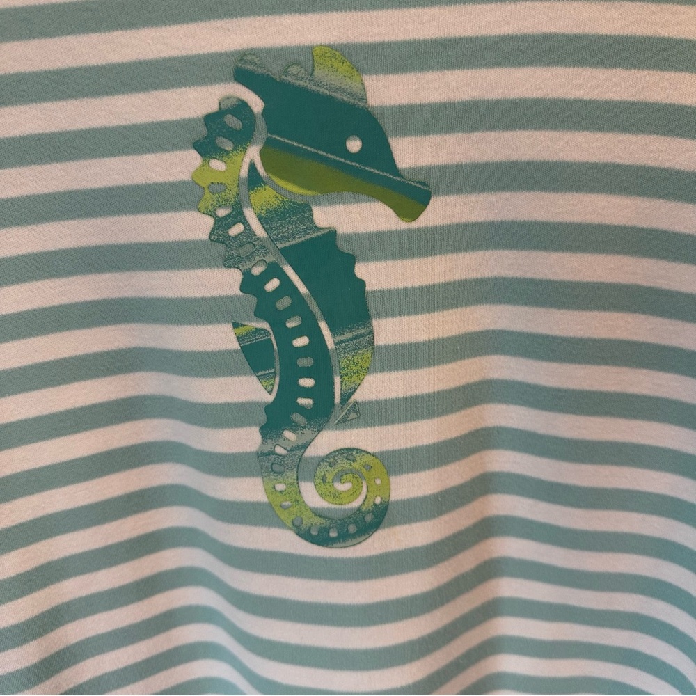 APPLESEED'S Womens Blue Stripe Seahorse‎ Graphic Top Nautical Coast Cotton sz L - Picture 3 of 10